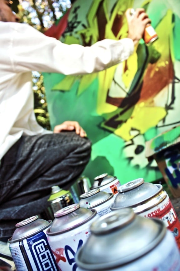 graffiti, painter, painting, paintbrush, man, outdoors, street, people, festival, indoors