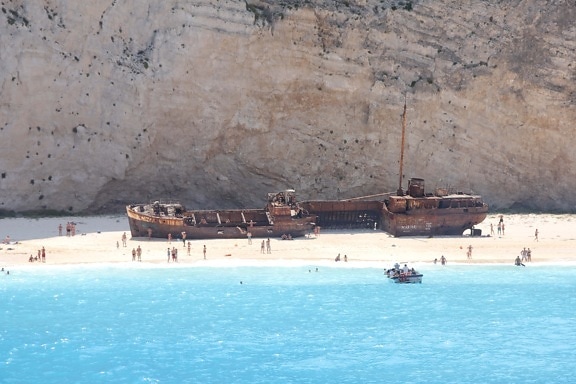 shipwreck, tourist attraction, abandoned, rust, people, beach, wreck, craft, water, ship