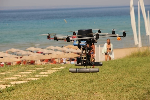 dron, surveillance, plage, eau, Loisirs, des loisirs, été, sable, gens, action