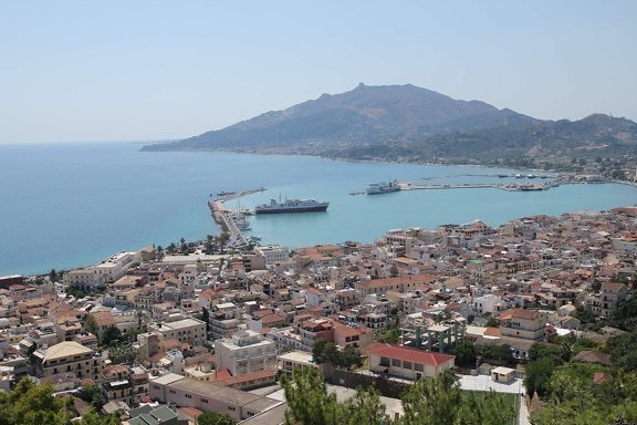 в центъра, Гърция, панорама, градска зона, пристанище, нос, море, крайбрежие, вода, град