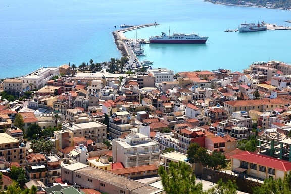круизен кораб, пристанище, градски пейзаж, панорама, Гърция, град, град, кораб, архитектура, покрив