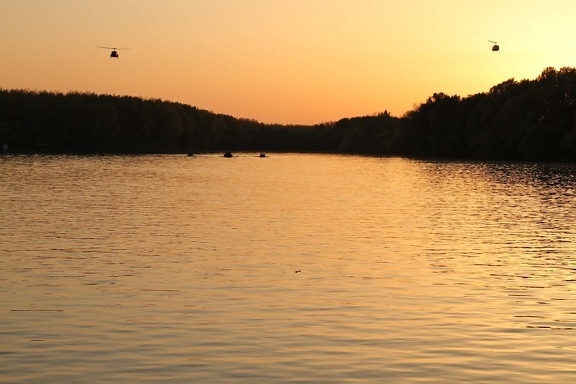 bateau de rivière, coucher de soleil, hélicoptère, berge, aube, réflexion, bassin, paysage, Lac, eau
