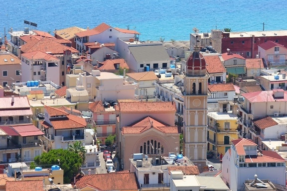 greece, downtown, seascape, church tower, urban area, houses, street, town, roof, building