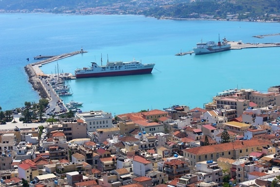 greece, cityscape, coastline, harbour, panorama, cruise ship, houses, ship, town, shipping
