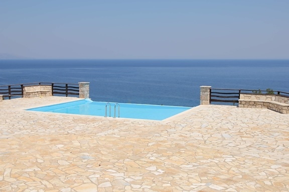 swimming pool, panorama, horizon, ocean, water, sea, sand, sun, summer, vacation