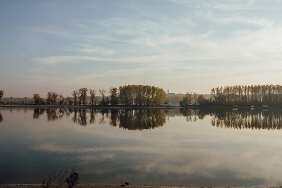 atmosphère, au bord du lac, Parc national, Danube, réflexion, eau, coucher de soleil, Lac, paysage, arbre