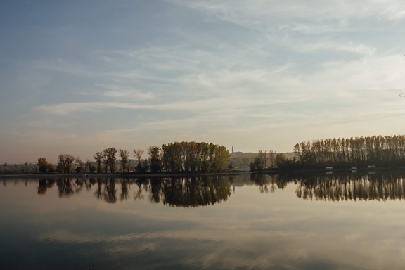 Lago, reflexão, céu azul, Danúbio, litoral, estação Outono, amanhecer, atmosfera, floresta, água