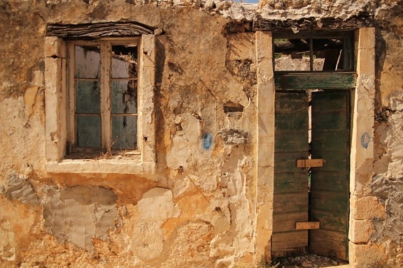 φτώχεια, τερηδόνα, μπροστινή πόρτα, παράθυρο, σπίτι, καταστροφή, παλιά, αρχιτεκτονική, εγκαταλειφθεί, πέτρα