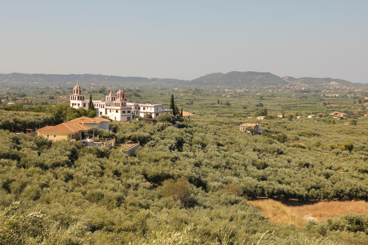 monastery, distance, church tower, panorama, hills, greece, landscape, rural, tree, hill