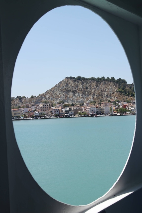 ventana, paisaje urbano, Grecia, panorama, vacaciones, crucero, agua, paisaje, Lago, Mar