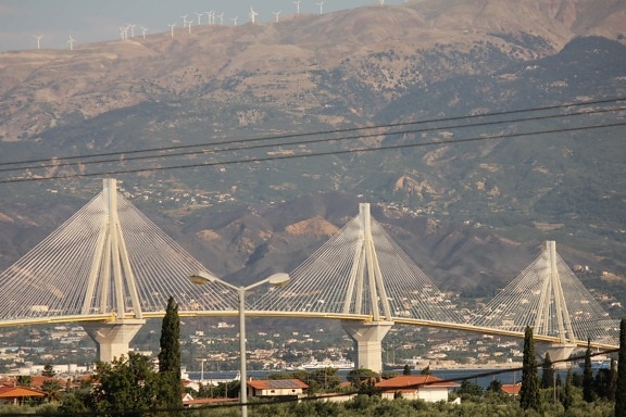 висящ мост, градски пейзаж, морски, панорама, магистрала, Гърция, мост, структура, град, вода