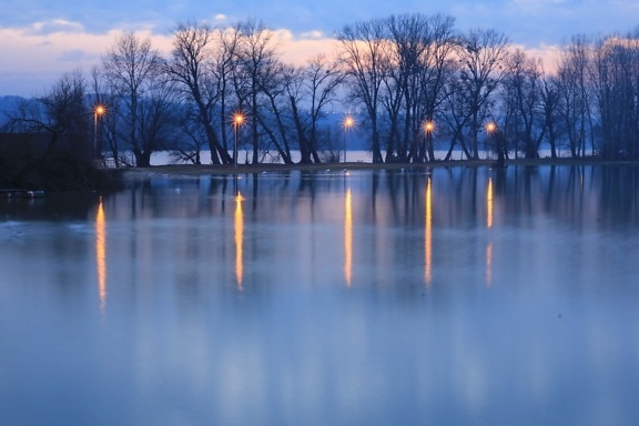 crépuscule, congelés, Lac, eau froide, eau, arbre, Fontaine, réflexion, paysage, structure