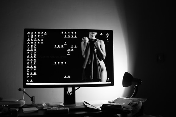 desktop, black and white, monitor, digital computer, office, desk, lamp, design, shadow, technology