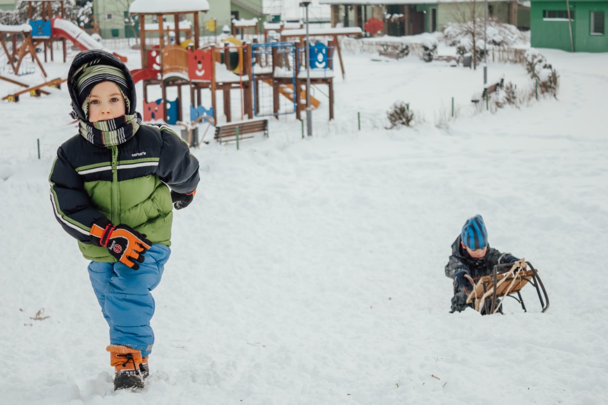 bé trai, Sled, mùa đông, Sân chơi trẻ em, hưởng thụ, tuyết, lạnh, băng, xe, người