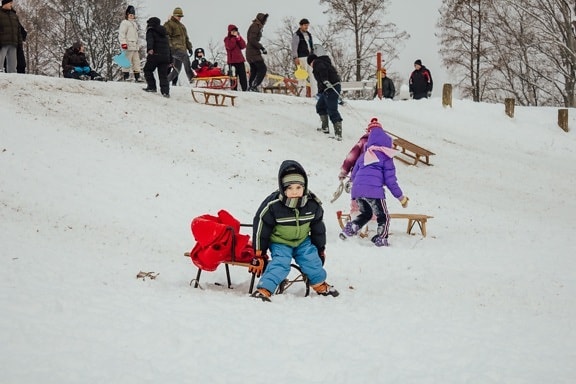 儿童, 下坡, 童年, 操场上, 雪橇, 雪, 冬天, 冷, 边坡, 山