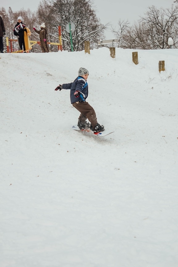 下坡, 滑雪板, 冬天, 男孩, 兴奋, 体育, 冷, 雪, 山, 冰