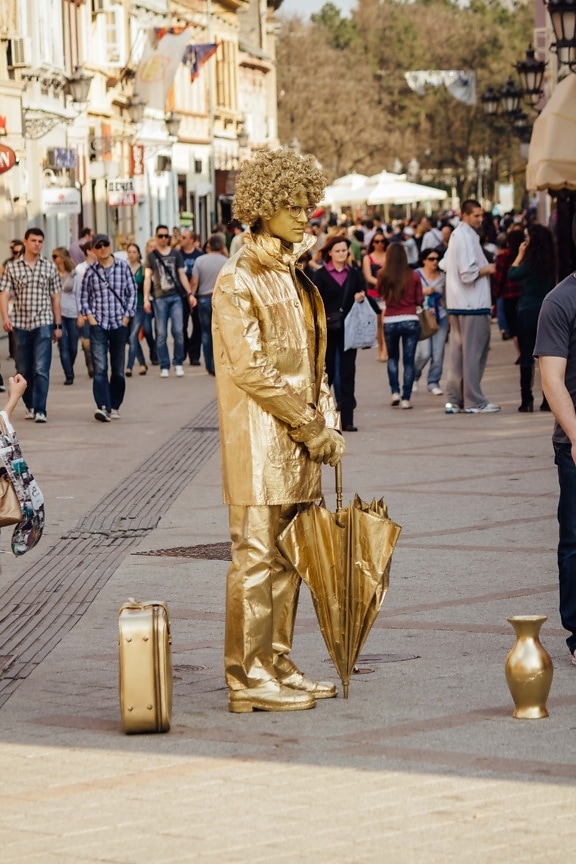 złoty blask, wydajność, artysta, tłum, kostium, Rozrywka, ulica, obszar miejski, Sprzedawca, ludzie