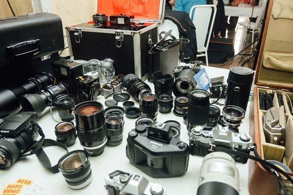 사진, 많은, 렌즈, 저장소, 상자, 사진 스튜디오, 장비, 기술, 조리개, 디지털 카메라