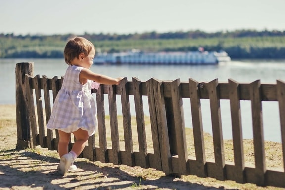 dítě, tyčkový plot, dětství, slunečno, portrét, nevinnost, pláž, děvče, plot, venku