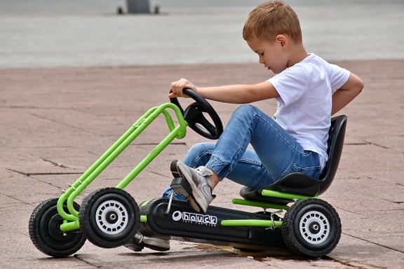 boy, toy, cart, vehicle, car, speed, fun, sport, outdoors, drive