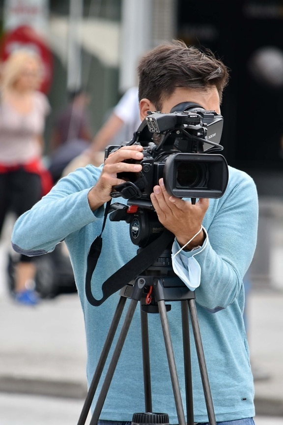 video recording, tripod, camera, camcorder, television news, filming, equipment, photographer, lens, man