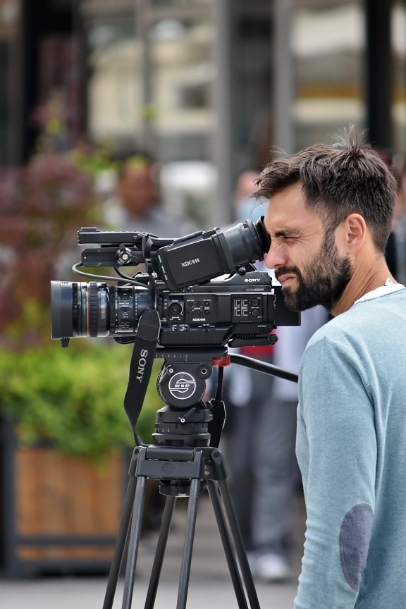 man, beard, camcorder, video recording, television news, paparazzi, photojournalist, equipment, lens, tripod