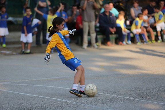soccer, football player, soccer ball, girl, kick, sport, competition, ball, equipment, athlete