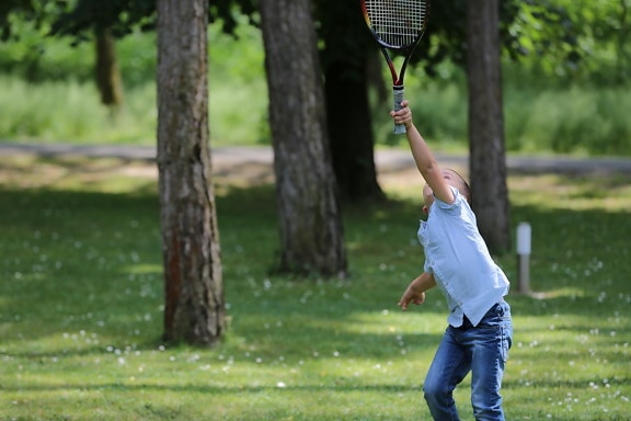 child, tennis racket, recreation, tennis, swing, ball, club, racket, grass, sport