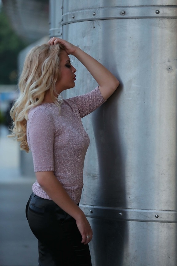 gorgeous, blonde hair, outfit, hairstyle, makeup, pretty girl, sweater, posing, pretty, skirt