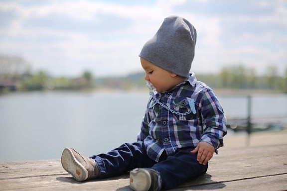 toddler, sitting, outfit, harbour, baby, adorable, child, hat, nature, water
