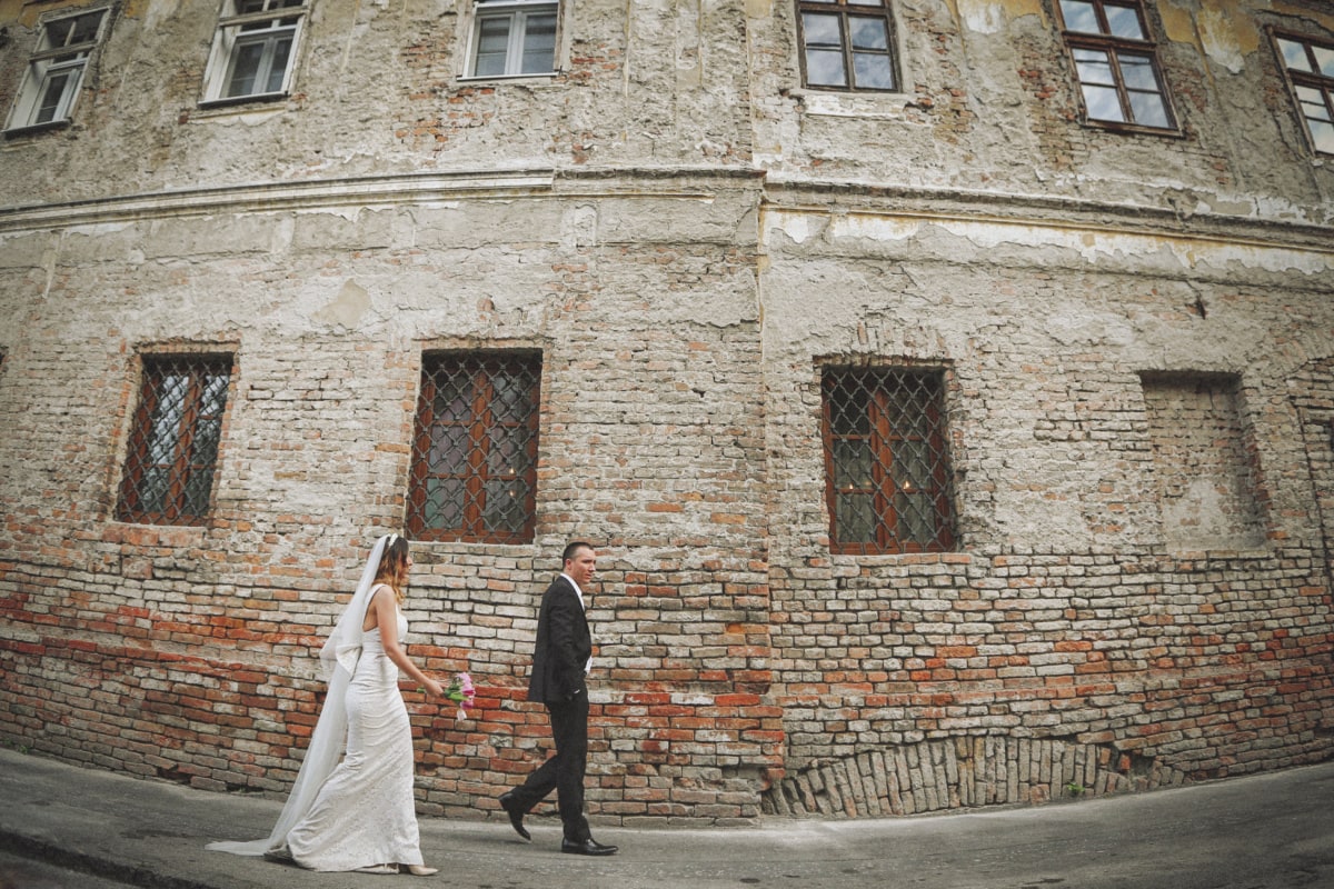 groom, bride, decay, walking, building, abandoned, old, brick, wall, ancient