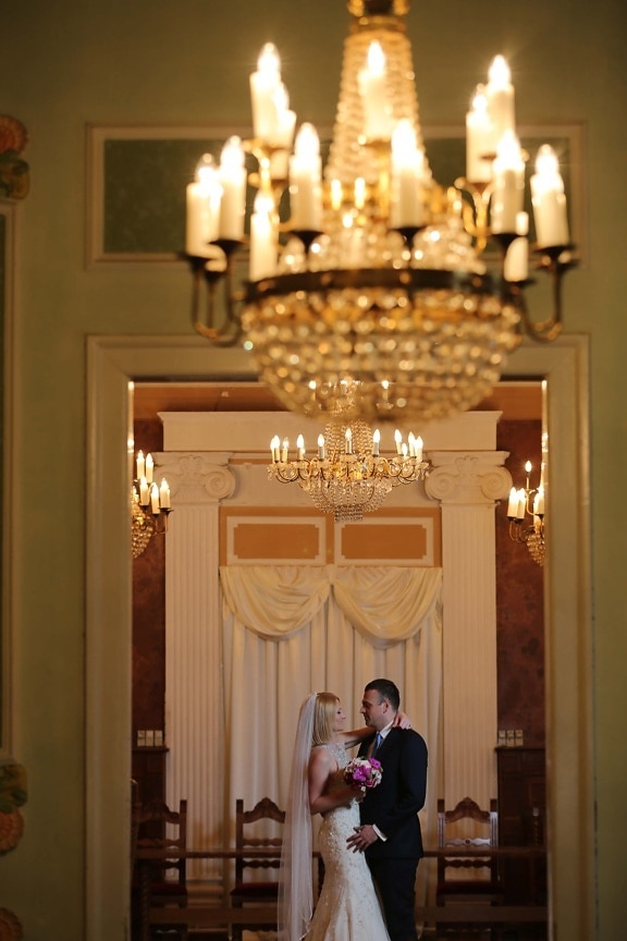 husband, wife, dance, chandelier, luxury, architecture, wedding, building, interior design, indoors
