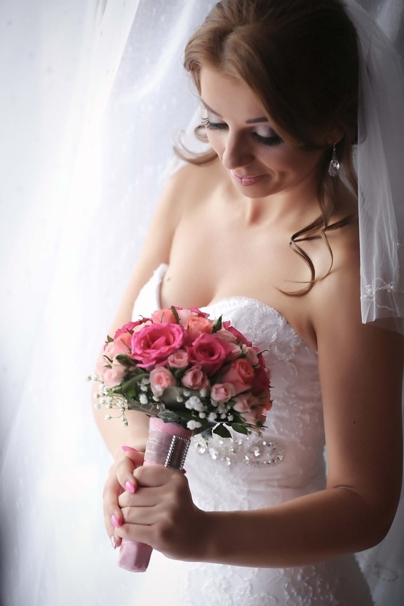 gorgeous, bride, pretty, brunette, wedding bouquet, wedding dress, wedding, woman, groom, flower
