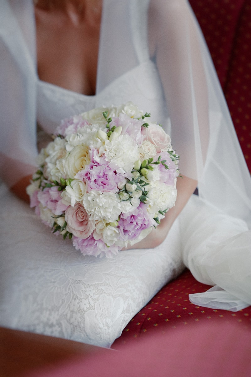 bryllupskjole, seremoni, bryllup bukett, bruden, sløret, kjole, blomst, bryllup, dekorasjon, bukett