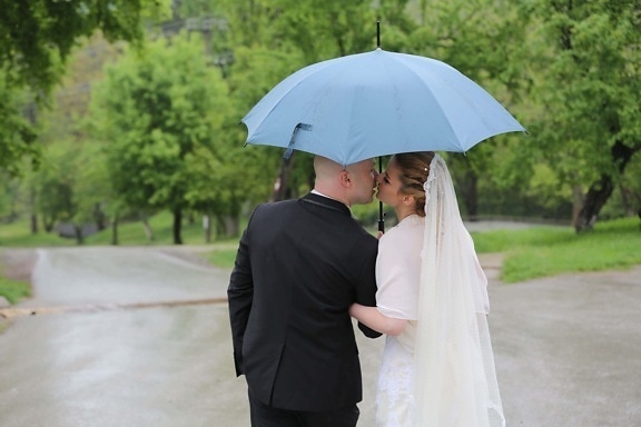 kyss, paraply, kone, brudgommen, bruden, mann, kjole, bryllup, ekteskap, lykke