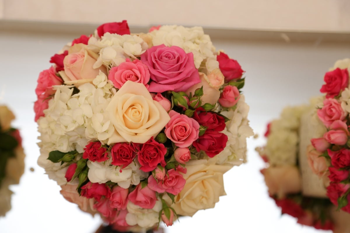 svatební kytice, zrcadlo, reflexe, dekorativní, uspořádání, dekorace, růže, kytice, růže, svatba