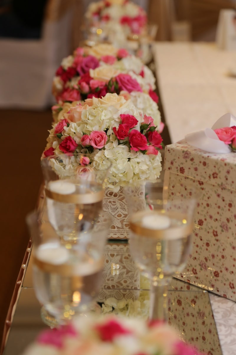 婚礼花束, 室内装饰, 玻璃, 安排, 礼物, 餐饮区, 表, 甜点, 美味, 蛋糕
