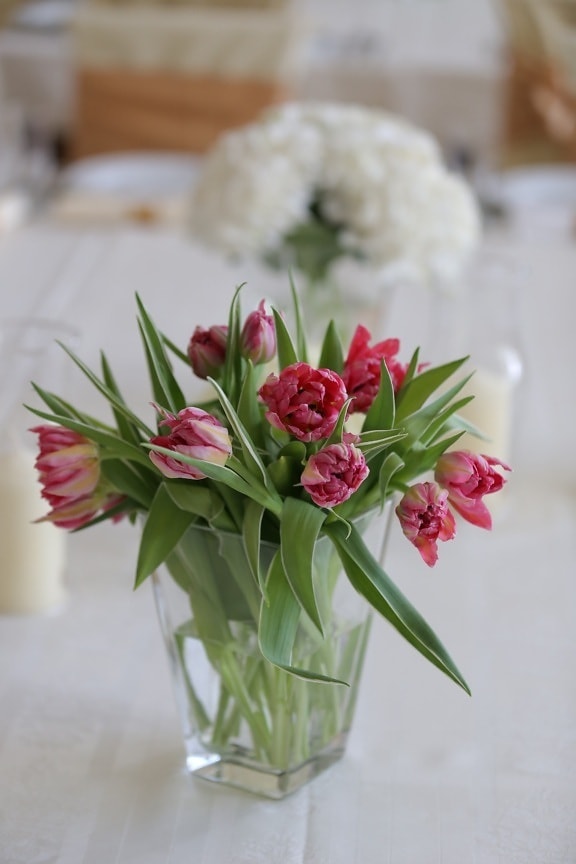 vase, pink, tulips, tableware, tablecloth, flowers, table, decoration, flower, bouquet