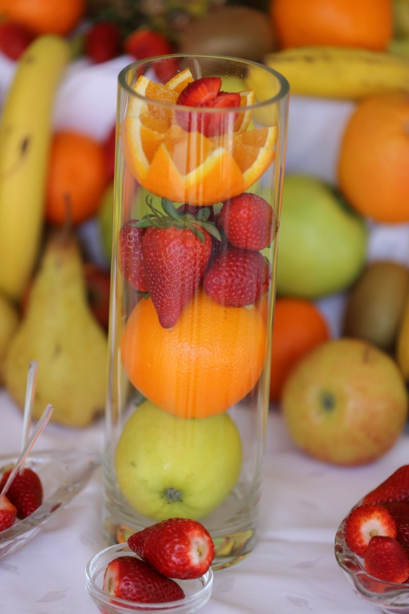 Kiwi, jordbær, appelsiner, eksotiske, frukt, dekorative, frokost, diett, banan, oransje