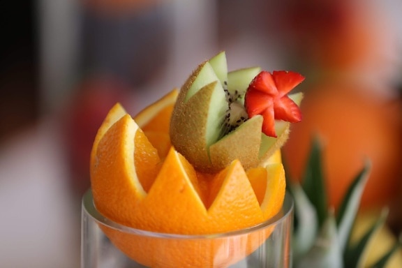 fruit cocktail, strawberries, kiwi, oranges, appetizer, tasty, carvings, fruit, mandarin, citrus