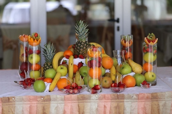fruta, postre, buffet, fresas, piña, arreglo, saludable, nutrición, vegetales, manzana
