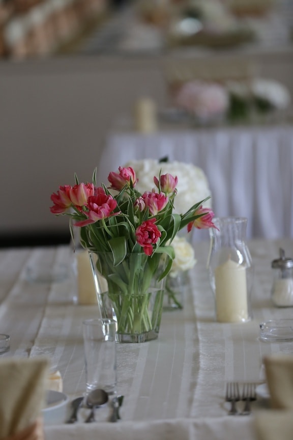 vase, interior decoration, candles, candlestick, tulips, dining area, bouquet, flower, arrangement, jar