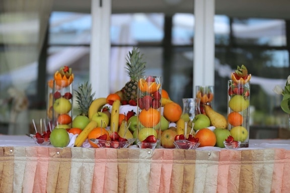 buffet, banquet, fruit, citrus, strawberries, pineapple, fruit juice, produce, indoors, apple