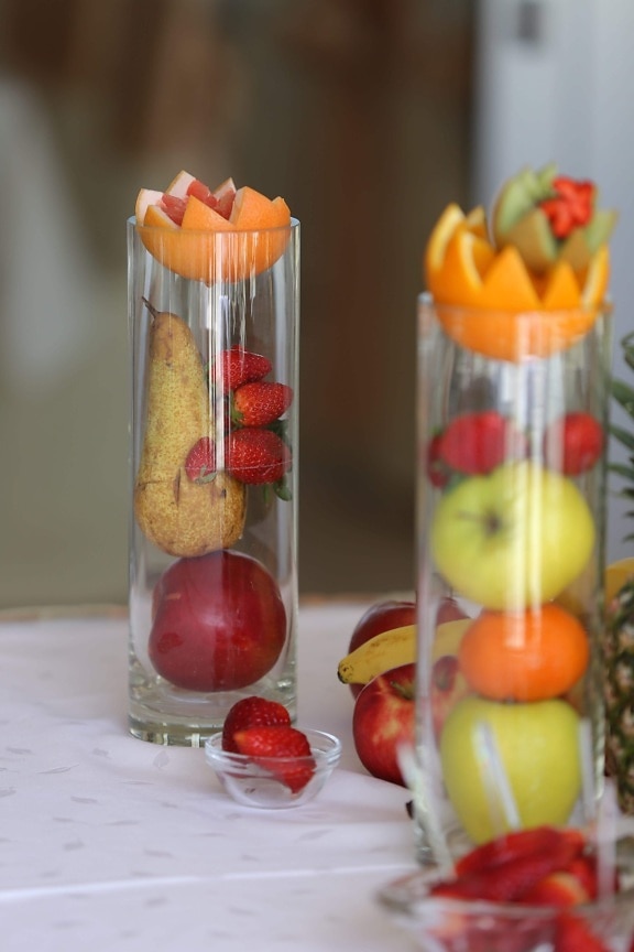 fruit, glass, strawberries, apples, pears, orange peel, oranges, food, fresh, cold