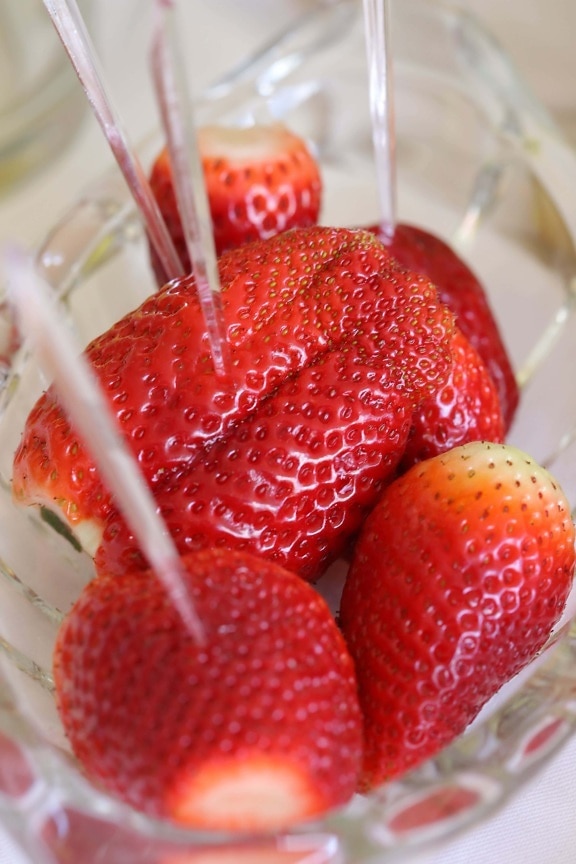 strawberry, crystal, bowl, fresh, tasty, fruit, produce, delicious, strawberries, food