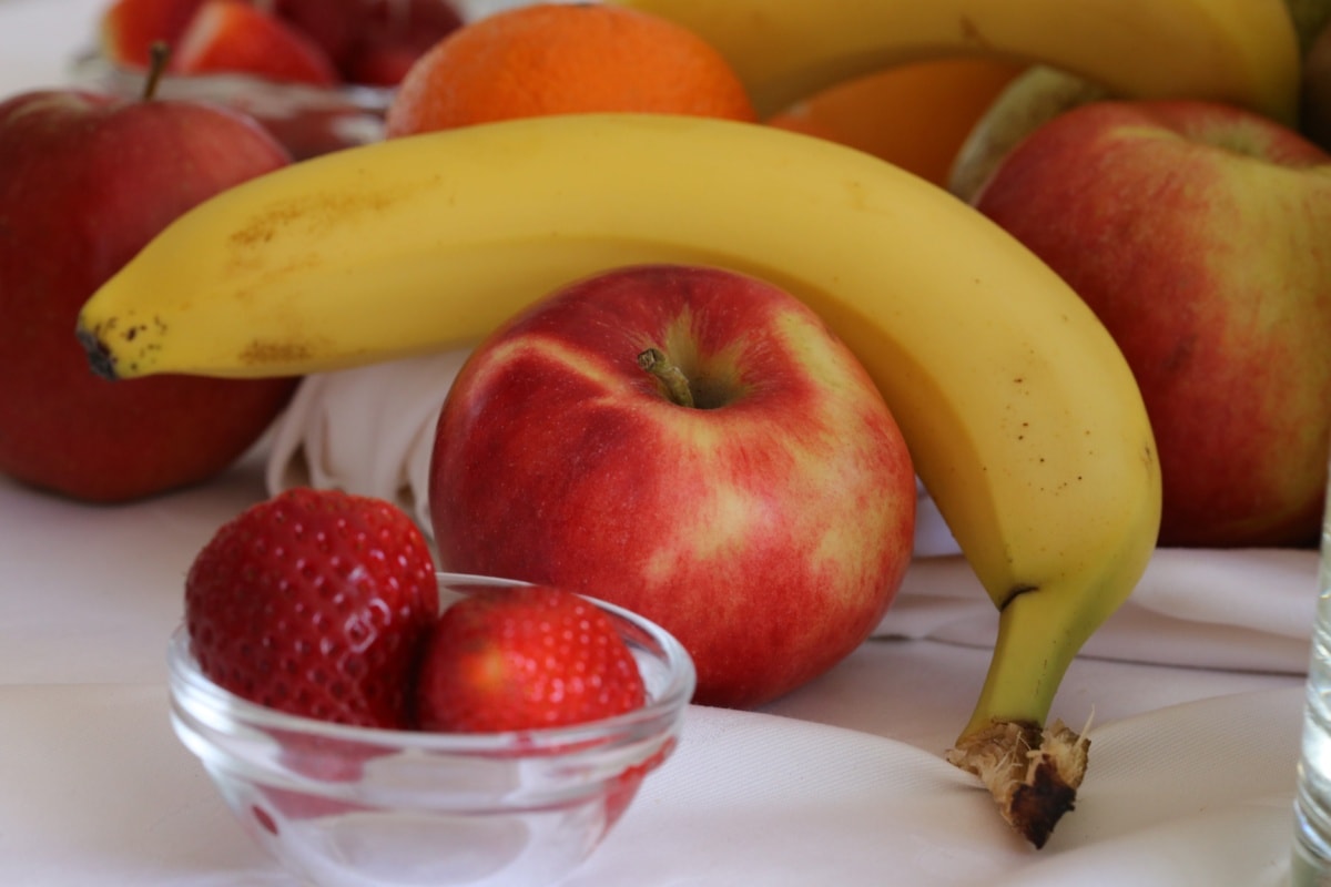 omenat, banaani, mansikat, tuore, ruoka, vitamiini, tuottaa, terve, hedelmät, omena