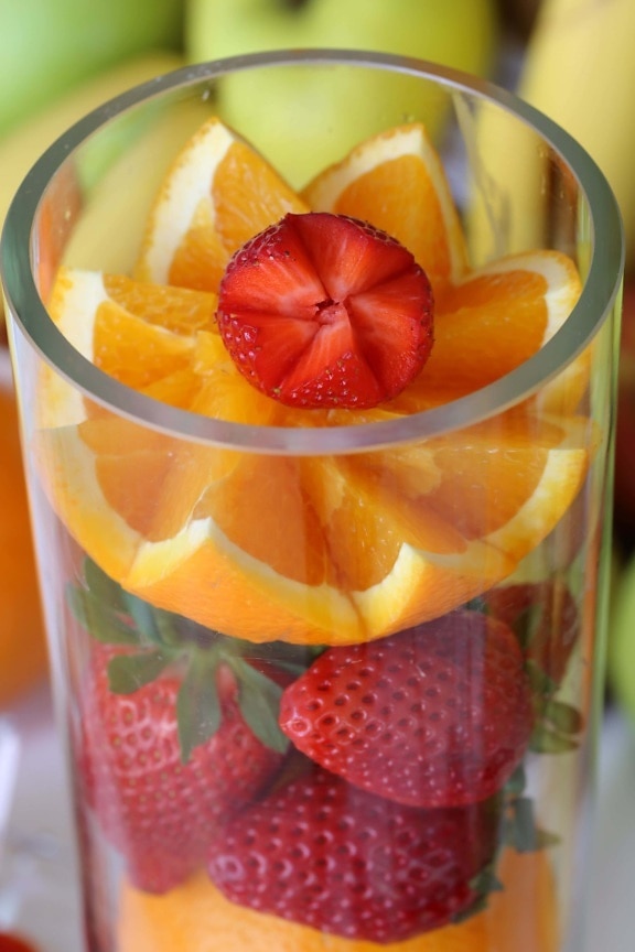 fruit, strawberries, oranges, fruit cocktail, orange peel, healthy, glass, vitamin, food, citrus