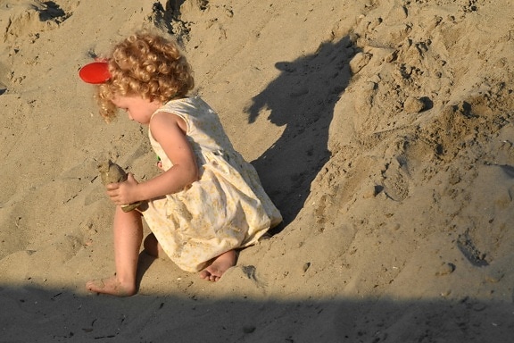 lekeplass, sand, lek, pen jente, barn, jente, kjole, avslapning, jord, stranden