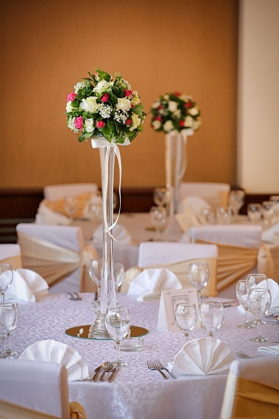 bouquet, vaso, Tovaglia, zona pranzo, tavolo, matrimonio, vetro, cenare, mobili, design d'interni