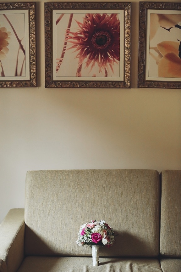 living room, sofa, picture, frame, bouquet, decoration, home, room, empty, design